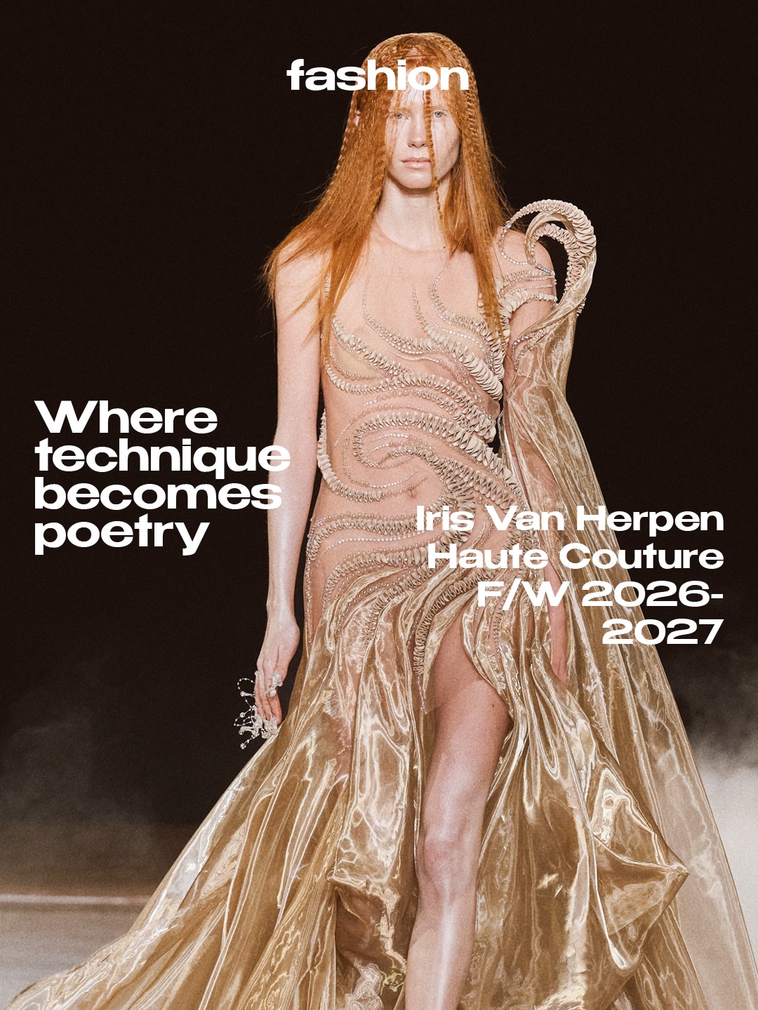 With her Fall/Winter 2026 Haute Couture collection, @irisvanherpen once again transforms the runway into a space where fashion escapes convention. Sculptural gowns seem to detach from the body, suspended between fluidity and architecture, as intricate layers, translucent textures, and engineered volumes create the illusion of garments in constant motion.

Every silhouette is the result of an extraordinary dialogue between couture craftsmanship and material innovation. Delicate biomaterials, kinetic constructions, and impossibly lightweight fabrics redefine the language of dressmaking, replacing embellishment with structure itself. A restrained palette of luminous whites, silvers, and smoky greys further amplifies the collection&rsquo;s ethereal quality, allowing every fold, contour, and engineered detail to emerge with striking clarity.

Rather than presenting couture as a celebration of tradition, Van Herpen continues to position it as a field of research, where the garment becomes an evolving organism and craftsmanship remains the driving force behind fashion&rsquo;s most radical ideas. 

#irisvanherpen #pfw #hautecouture