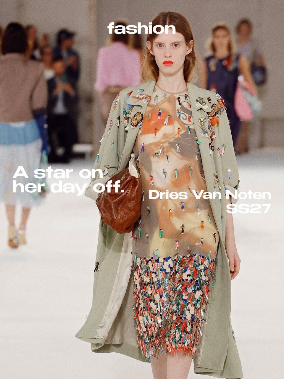 What if glamour didn’t need an occasion?

For @driesvannoten SS27, Julian Klausner imagines the moment when the actress leaves the set but keeps a little of the character with her.

Movie posters become dresses, sparkling brooches meet everyday shirts, evening pieces slip into daytime wardrobes and colours collide without asking to belong together. Everything feels dressed up, but never overly precious.

There is something intimate about this kind of glamour. It doesn’t wait for the evening, the camera or someone else’s attention. Sometimes it is simply a bright lip, a beautiful glove, or wearing something extraordinary on an entirely ordinary day.